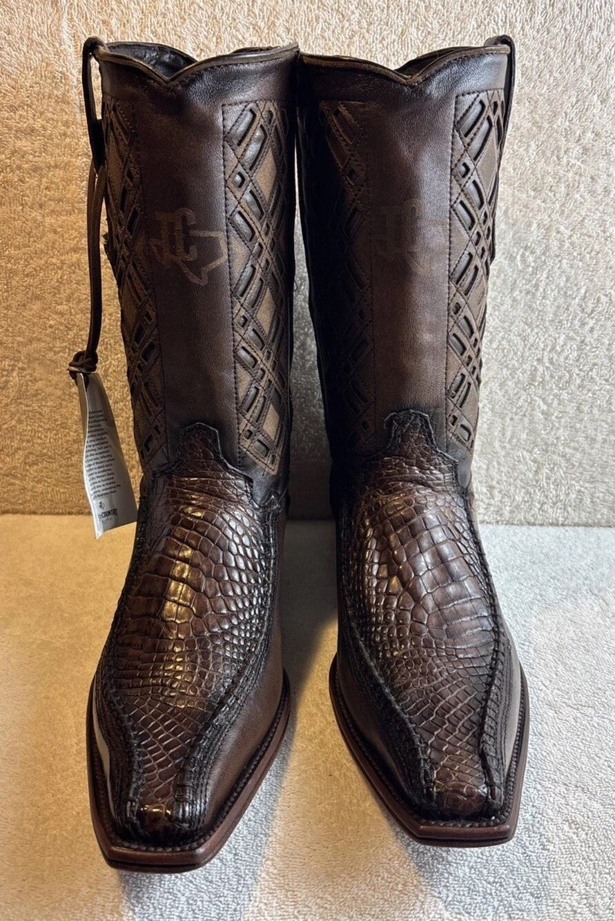 Texas Country Brown Caiman Embossed Long Toe Side Zip Cowboy Boots Mens 10
